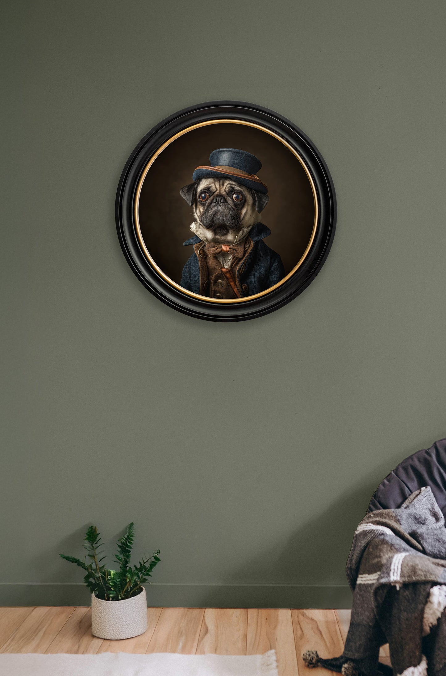 Sir Puggington – Gentleman Pug Oxford Round Frame – fine home fragrance at Leya Buster Interiors