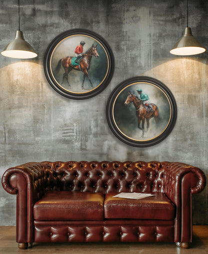 The Irish Racehorses – Oxford Round Frame – framed wall art at Leya Buster Interiors