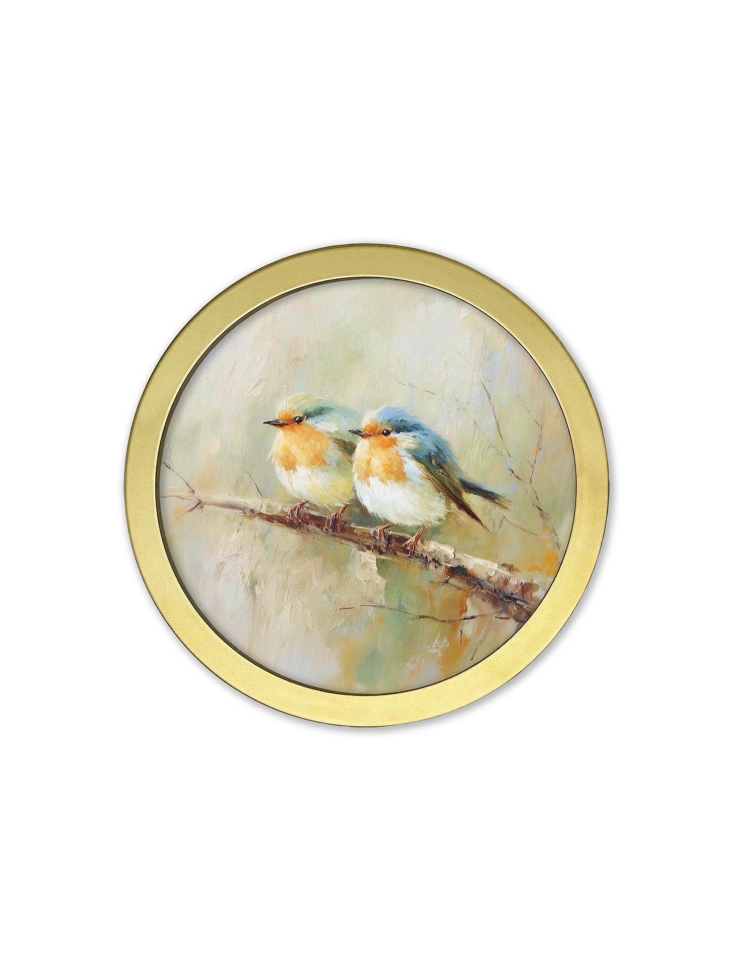 Garden Birds – 30cm Gold Round Box Frame styled view – Leya Buster Interiors