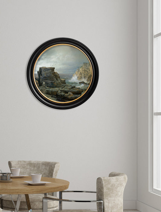 c.1877 Rocky Coast – Round Frame – framed wall art at Leya Buster Interiors