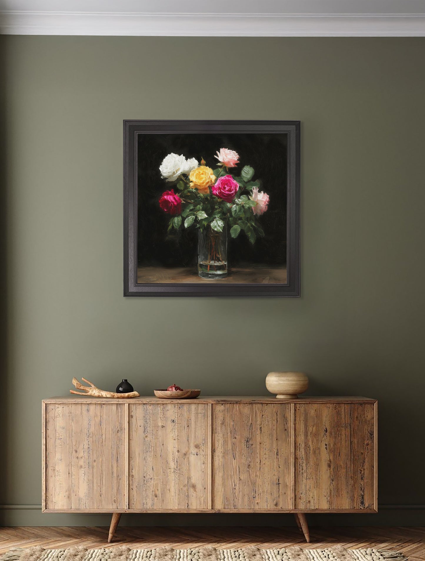 Roses After Dark – Black Hurstwood Square Frame – framed wall art at Leya Buster Interiors
