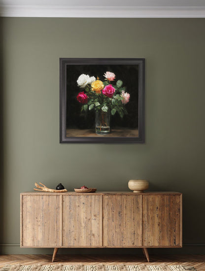 Roses After Dark – Black Hurstwood Square Frame – framed wall art at Leya Buster Interiors