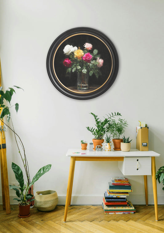 Roses After Dark – Oxford Round Frame – framed wall art at Leya Buster Interiors