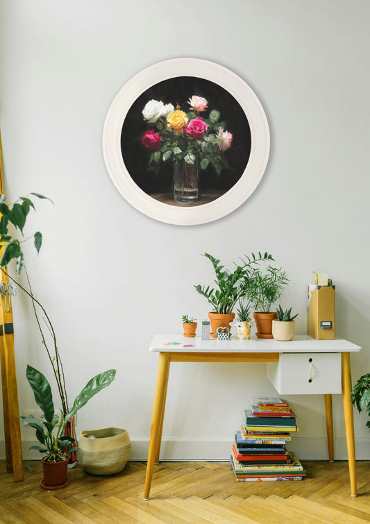 Roses After Dark – Oxford Strong White Round Frame – framed wall art at Leya Buster Interiors
