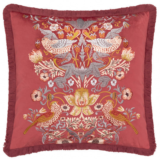 Morris & Co - Strawberry Thief Velvet Embroidered Cushion - Berry Red