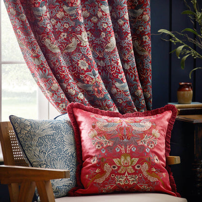 Morris & Co – Strawberry Thief Velvet Embroidered Cushion – Berry Red detail – Leya Buster Interiors