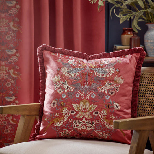 Morris & Co - Strawberry Thief Velvet Embroidered Cushion - Berry Red