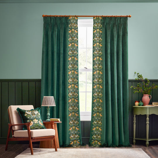 Morris & Co - Strawberry Thief Velvet Embroidered Cushion - Forest Green