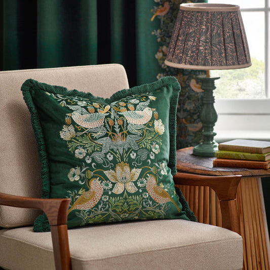 Morris & Co - Strawberry Thief Velvet Embroidered Cushion - Forest Green