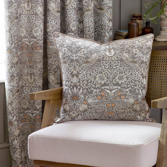 Morris & Co - Strawberry Thief Jacquard With Piping Cushion - Biscuit Taupe