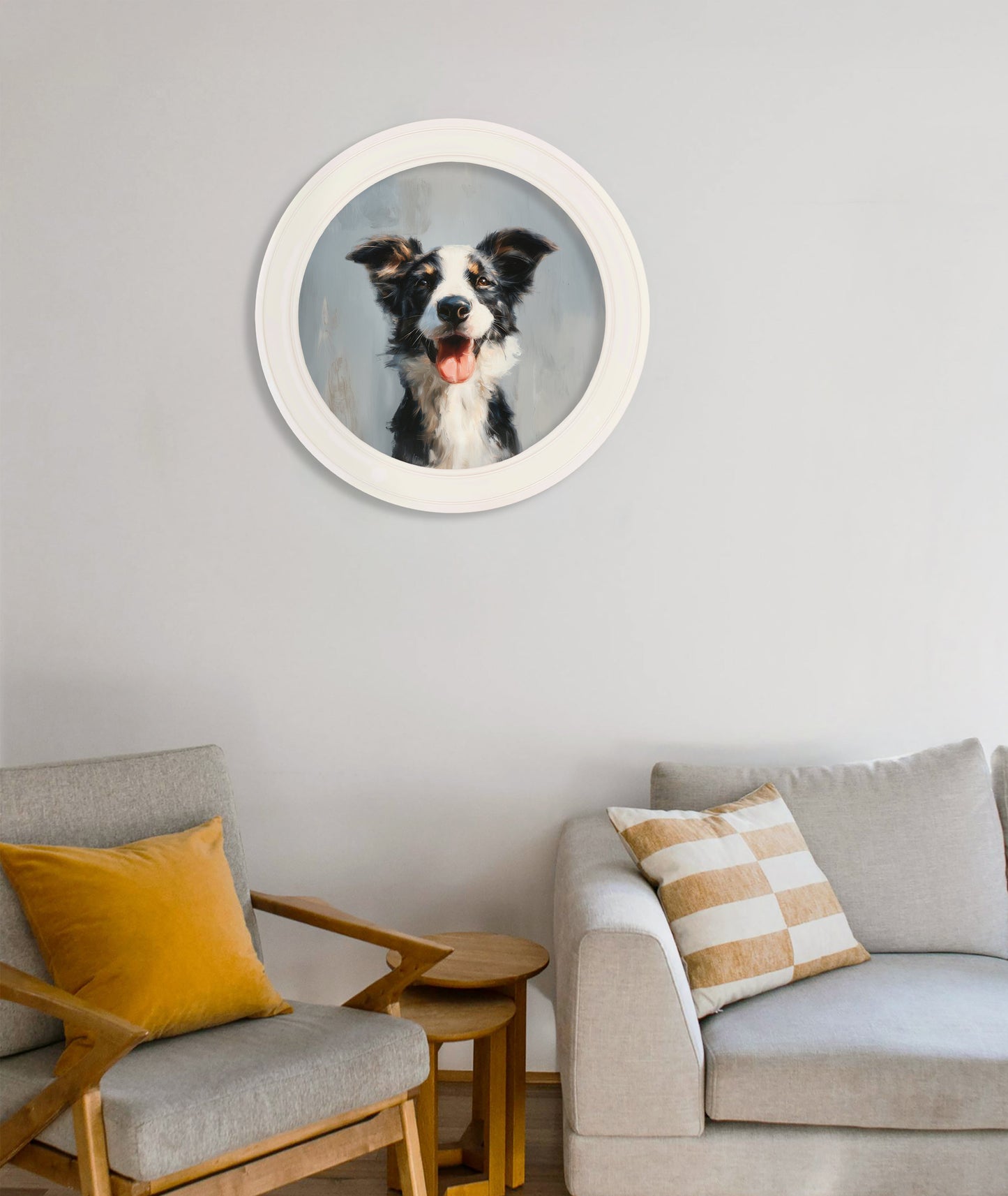 The Smiley Sheepdog – Oxford Strong White Round Frame – framed wall art at Leya Buster Interiors