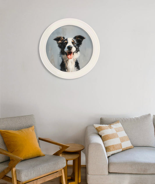 The Smiley Sheepdog – Oxford Strong White Round Frame – framed wall art at Leya Buster Interiors