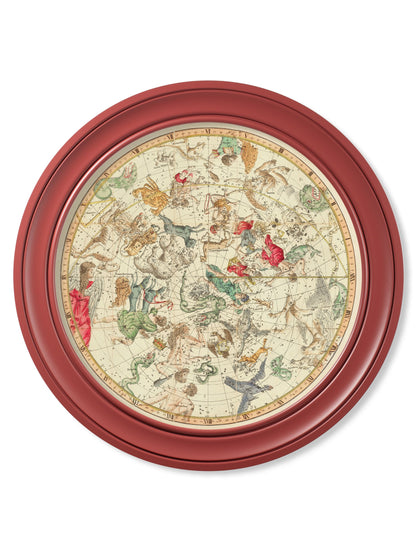 c.1820 Map of Constellations – Round Frame Red styled view – Leya Buster Interiors