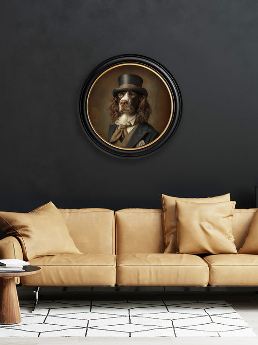 Duke Springly – Gentleman Springer Spaniel Oxford Round Frame – fine home fragrance at Leya Buster Interiors