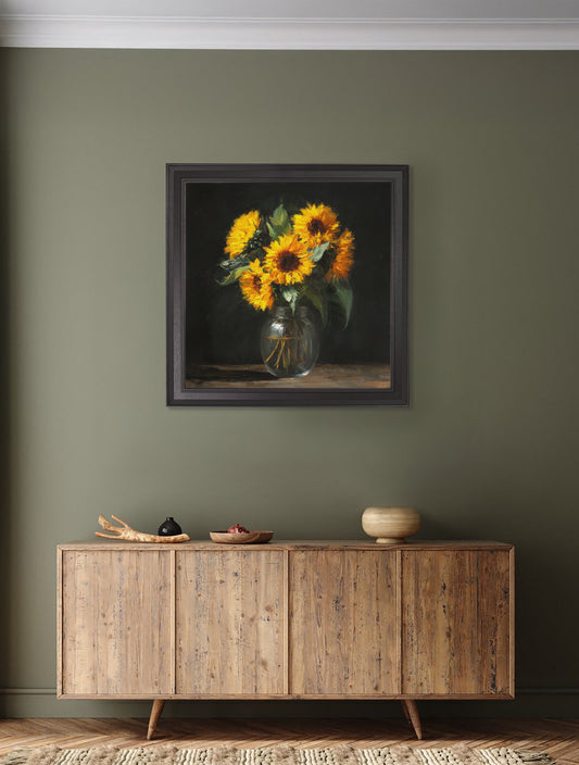 Sunflowers After Dark – Black Hurstwood Square Frame – framed wall art at Leya Buster Interiors