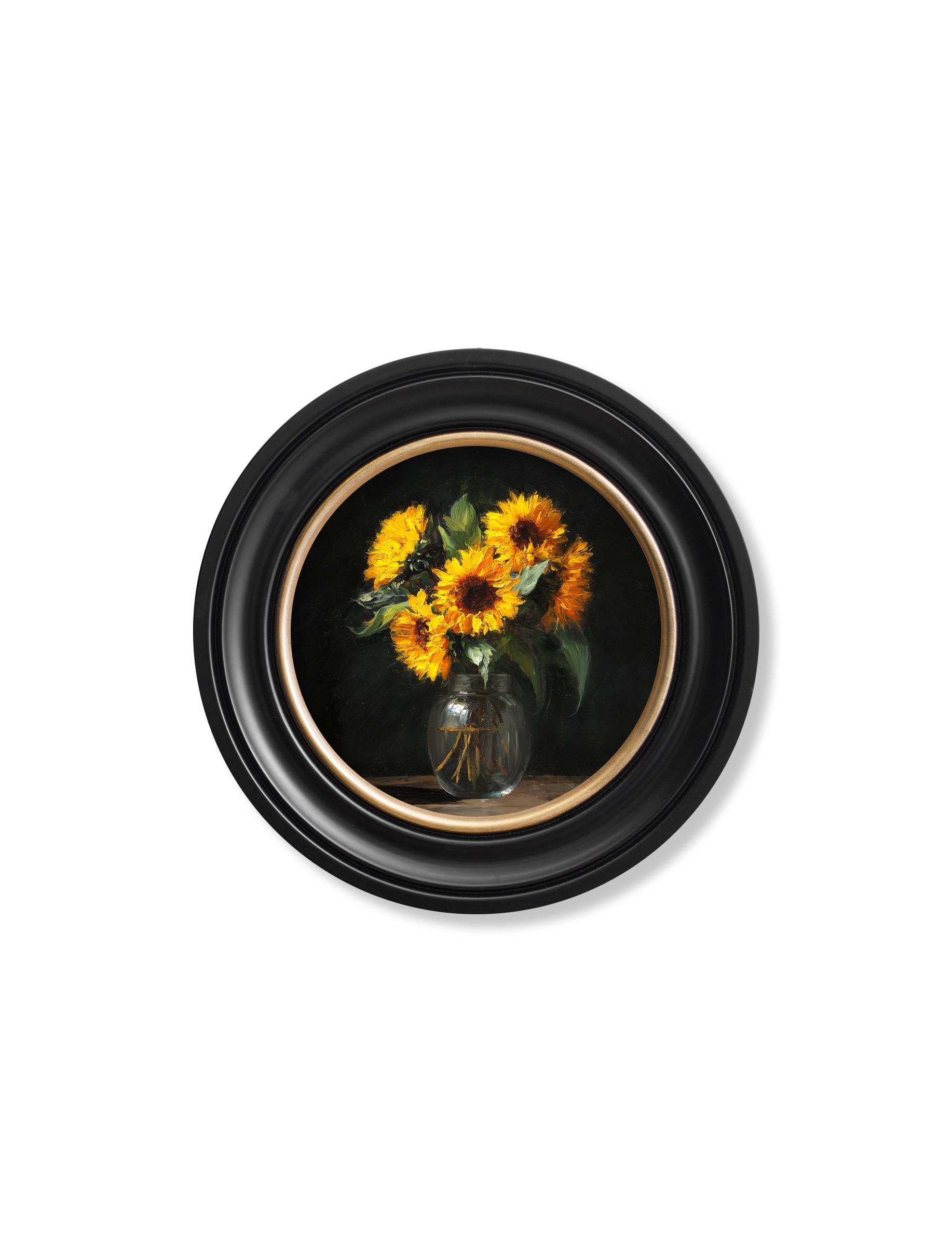 Sunflowers After Dark – Oxford Round Frame styled view – Leya Buster Interiors