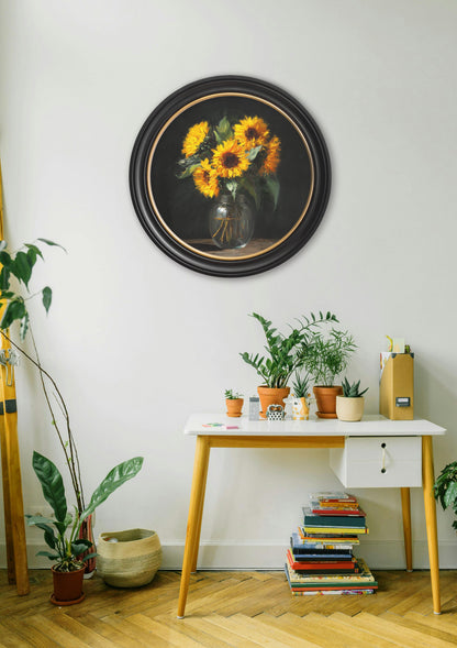 Sunflowers After Dark – Oxford Round Frame – framed wall art at Leya Buster Interiors