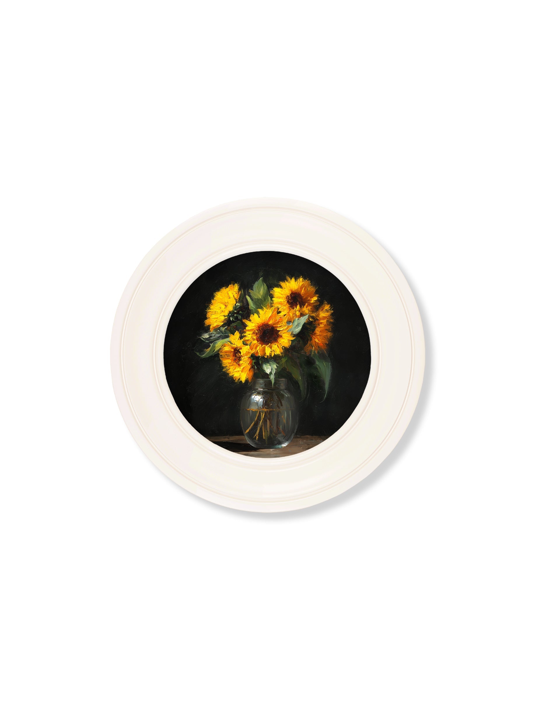 Sunflowers After Dark – Oxford Strong White Round Frame styled view – Leya Buster Interiors
