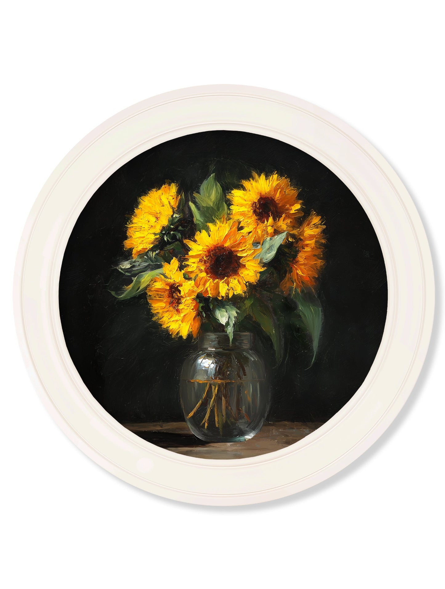 Sunflowers After Dark – Oxford Strong White Round Frame detail – Leya Buster Interiors