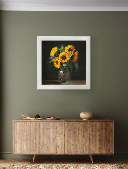 Sunflowers After Dark – White Hurstwood Square Frame – framed wall art at Leya Buster Interiors