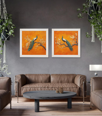 Peacocks In Saffron Garden – Cream Hurstwood Square Frame – framed wall art at Leya Buster Interiors