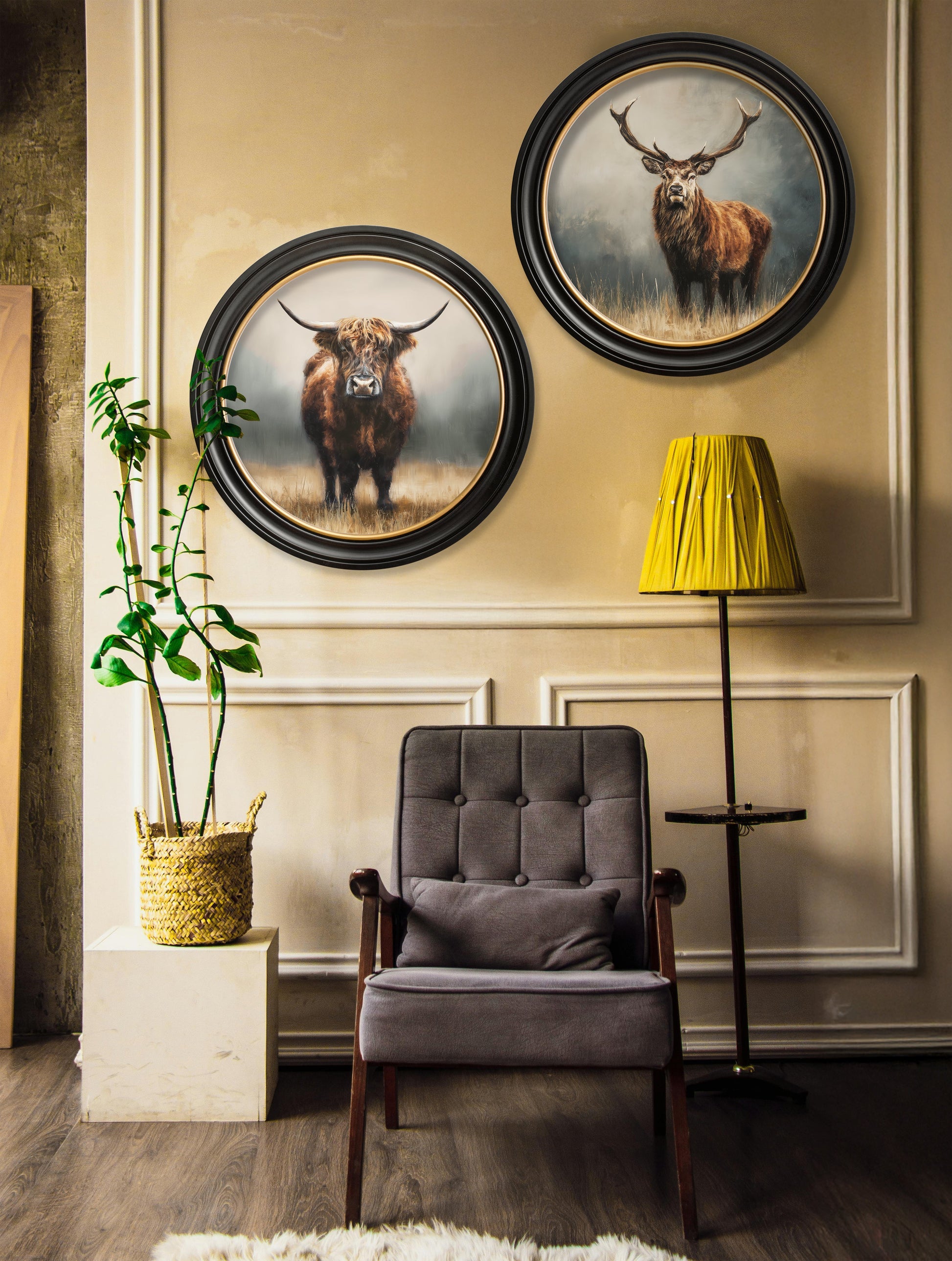 Highland Cow – Oxford Round Frame styled view – Leya Buster Interiors
