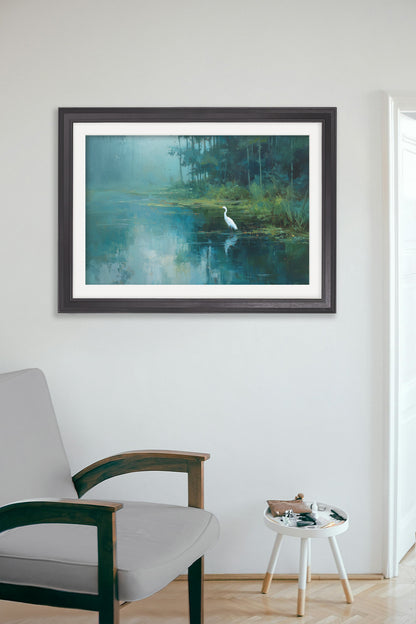 Misty Lake Great Egret – Black Hurstwood Frame – framed wall art at Leya Buster Interiors