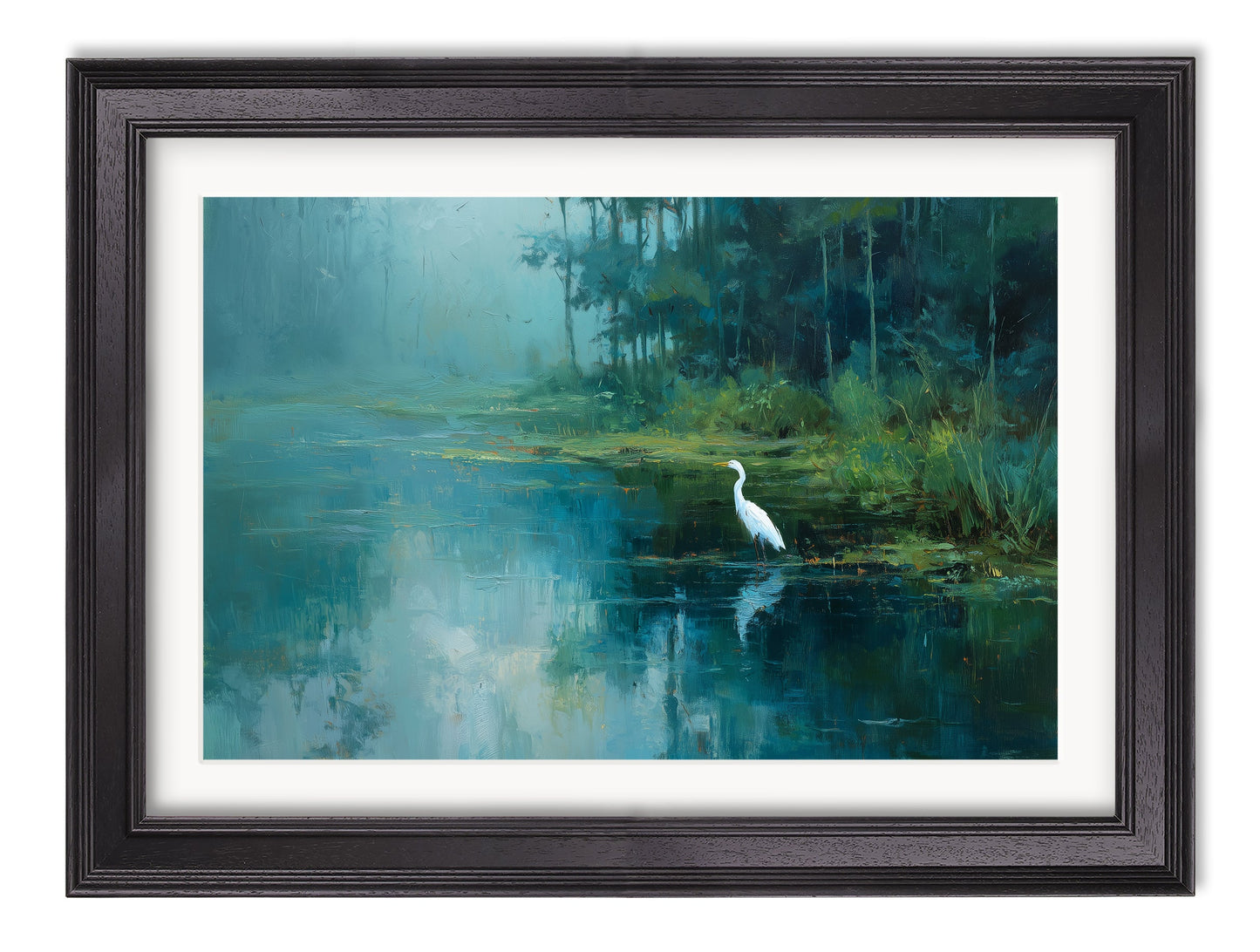 Misty Lake Great Egret – Black Hurstwood Frame styled view – Leya Buster Interiors