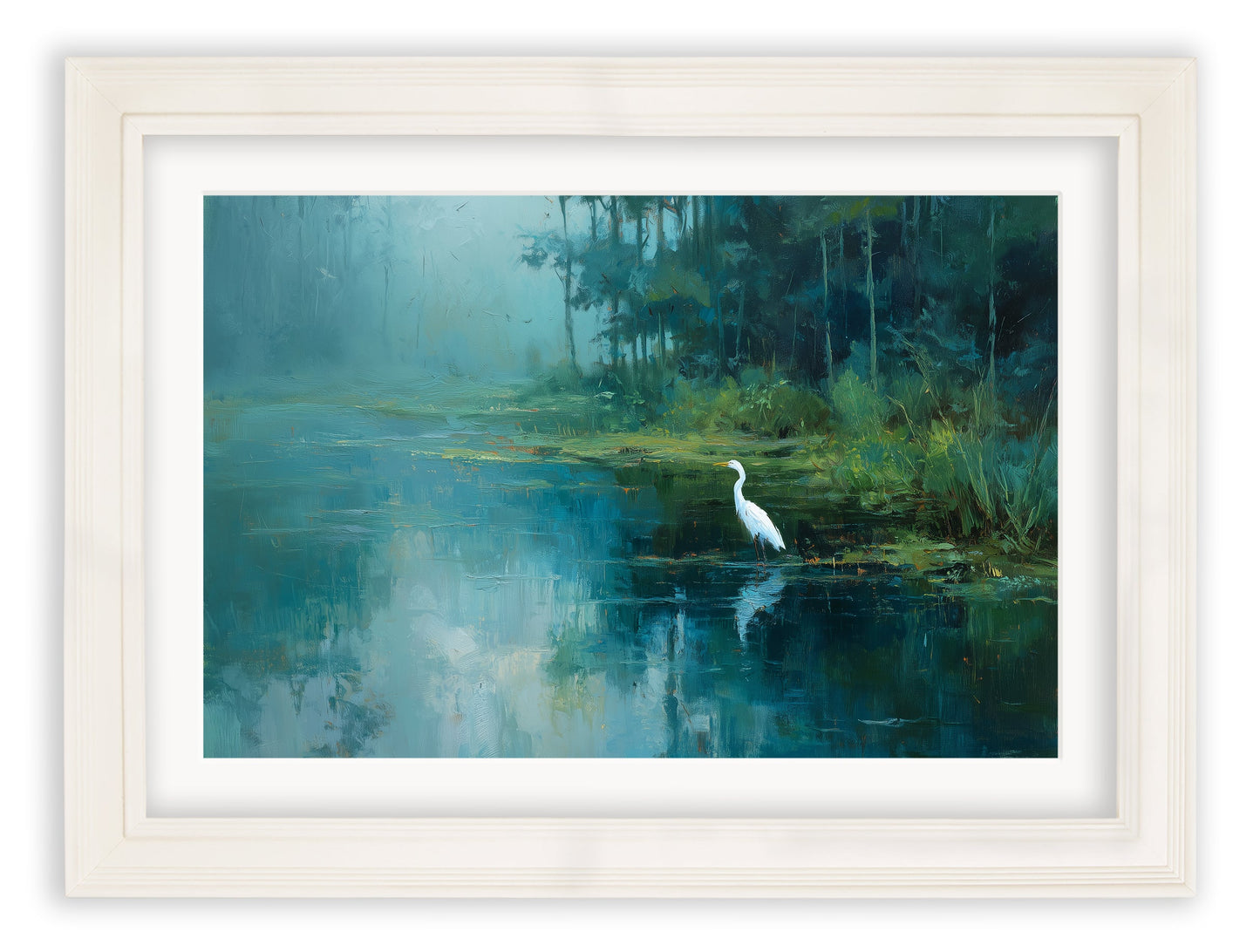 Misty Lake Great Egret – Cream Hurstwood Frame styled view – Leya Buster Interiors