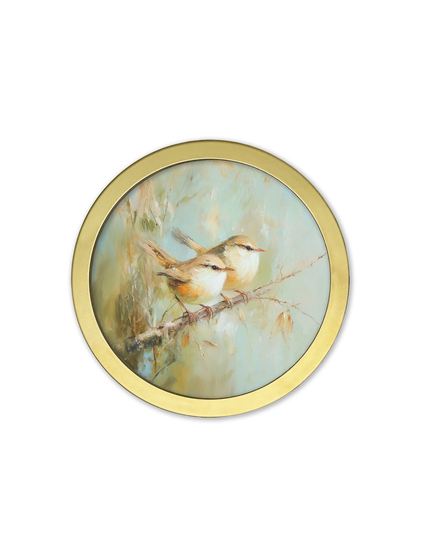 Garden Birds – 30cm Gold Round Box Frame styled view – Leya Buster Interiors