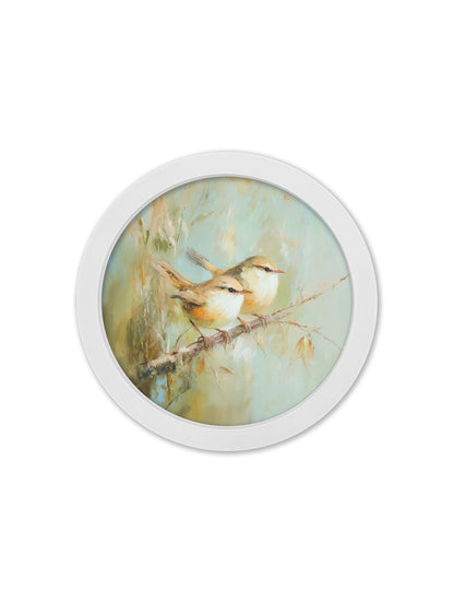 Garden Birds – 30cm White Round Box Frame styled view – Leya Buster Interiors