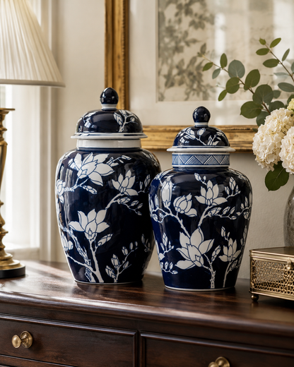 Large Blue Magnolia Ginger Jar detail – Leya Buster Interiors