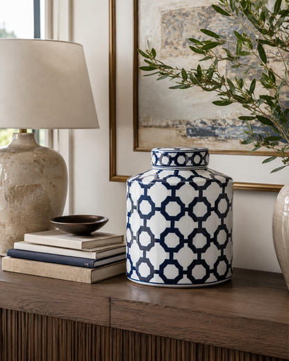 Short Blue & White Geometric Ginger Jar – decorative jar at Leya Buster Interiors