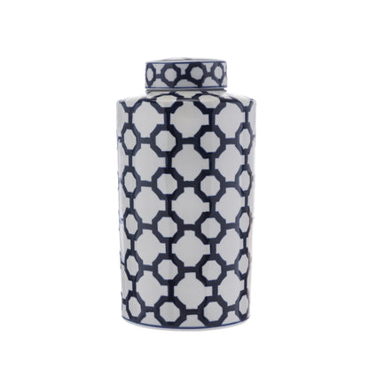 Tall Blue & White Geometric Ginger Jar detail – Leya Buster Interiors