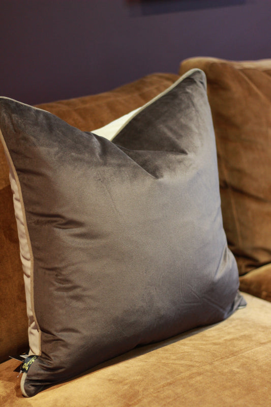 Brown and taupe double face velvet cushion, 59cm square