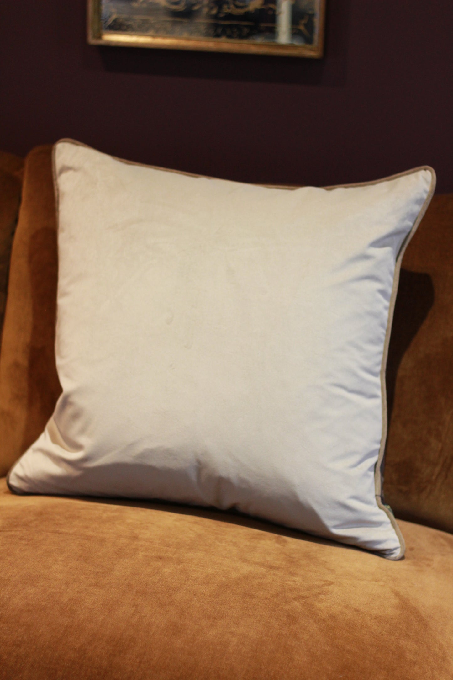 Reversible taupe side of brown and taupe velvet cushion