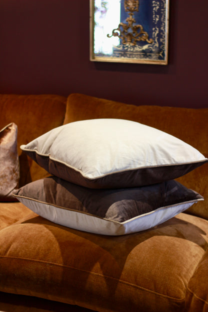 Brown and taupe feather-filled velvet cushion