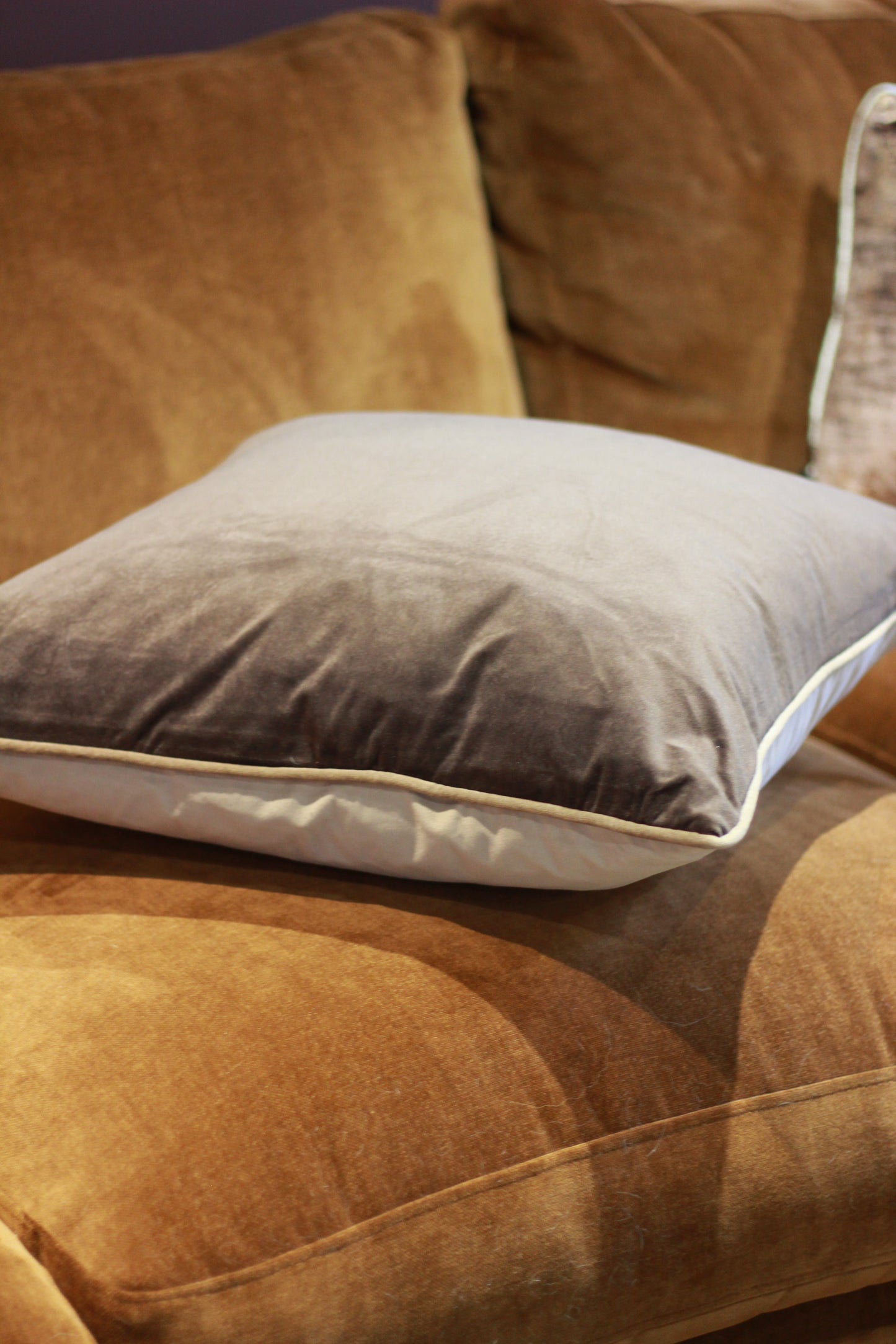 Large 59cm brown and taupe velvet cushion