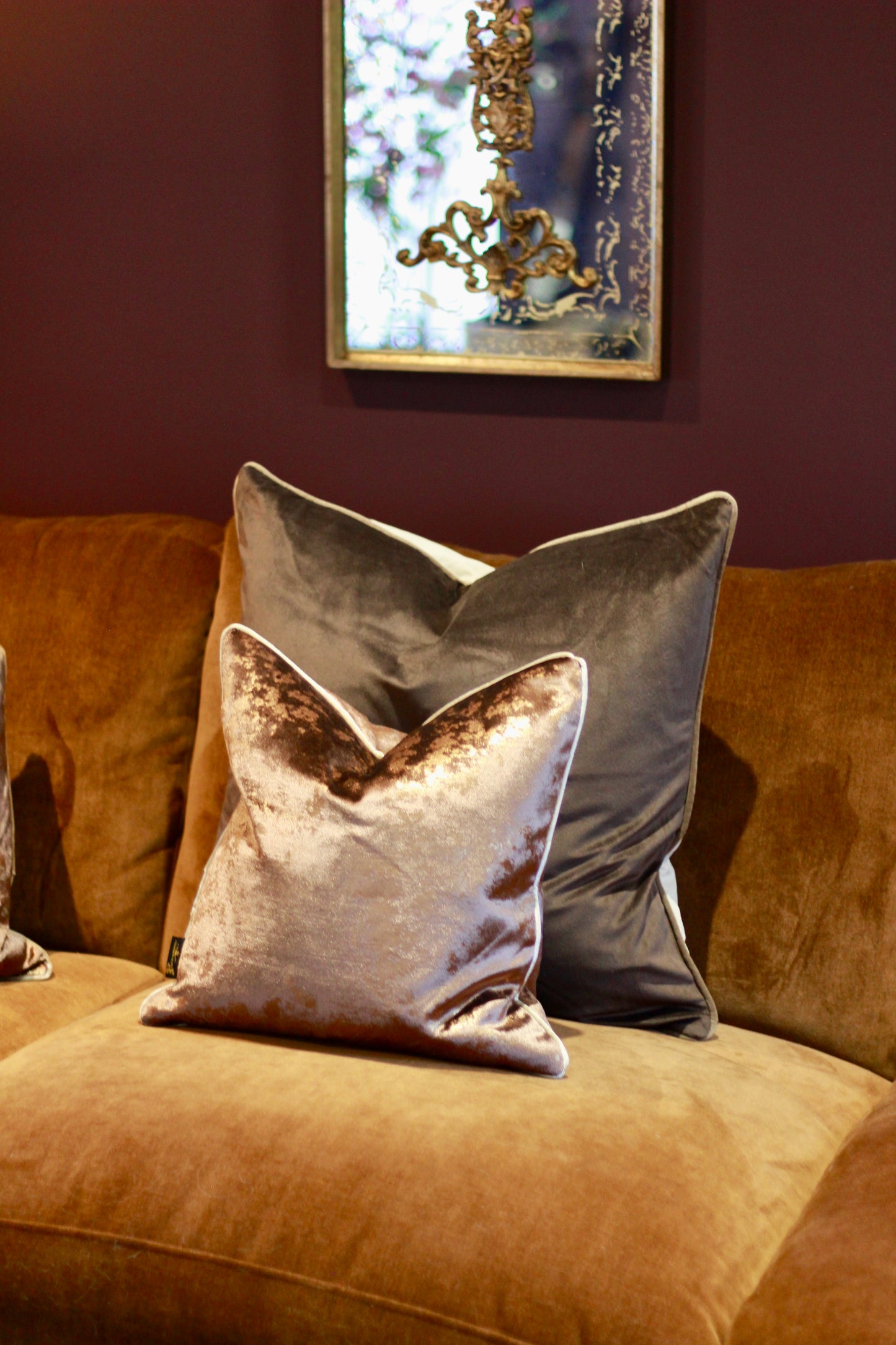 Square 43cm chocolate metallic fleck cushion with contrast piping.
