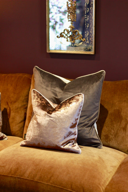 Square 43cm chocolate metallic fleck cushion with contrast piping.