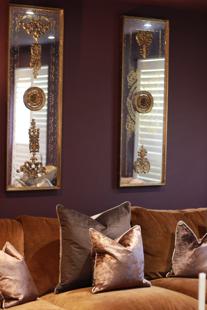 Chocolate metallic velvet cushion complete with a plump feather inner.