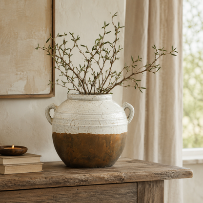 Aged Cream Terracotta Pot Vase with Handles – decorative vase at Leya Buster Interiors