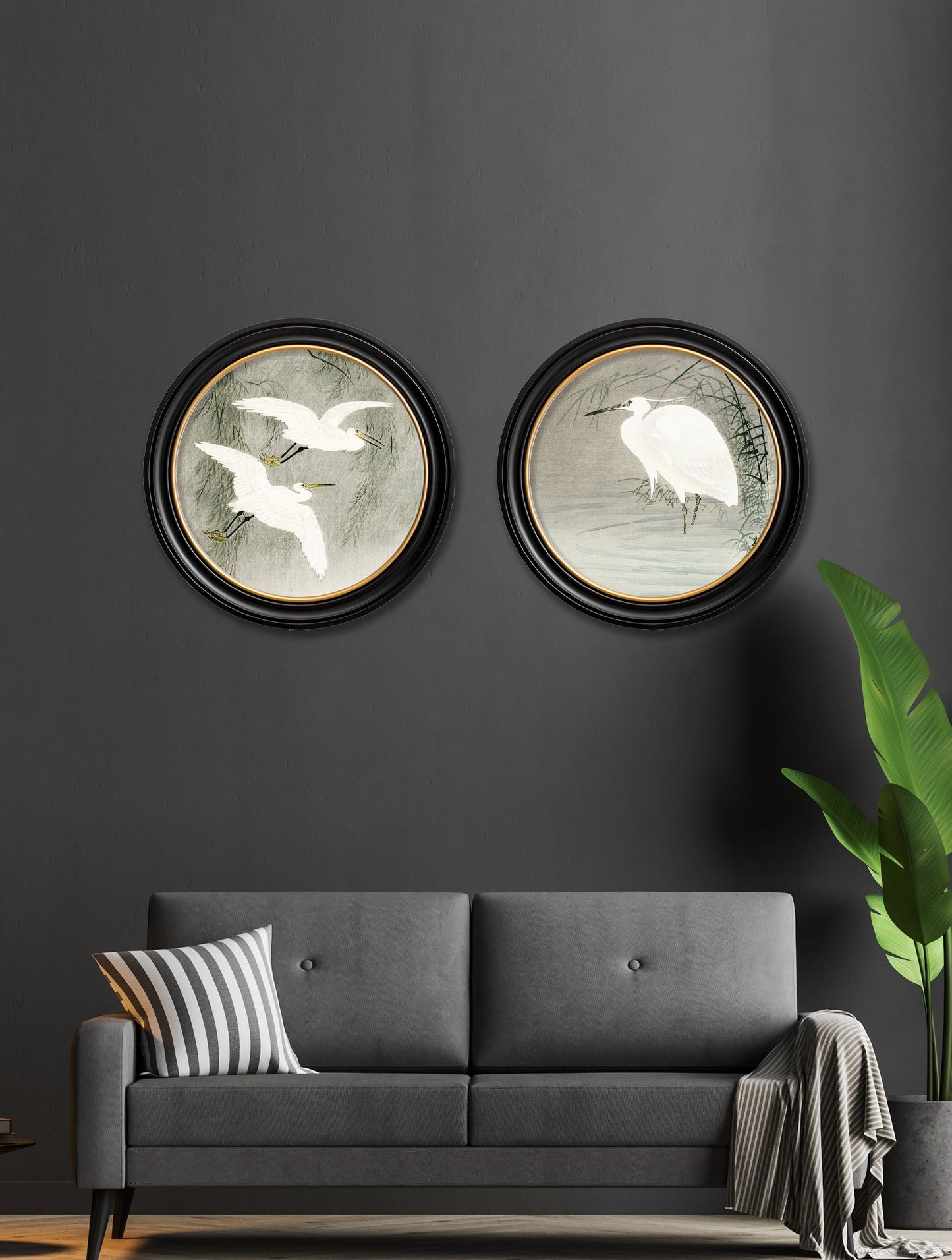 c.1910 Little Egrets – Ohara Koson in Round Frames – framed wall art at Leya Buster Interiors