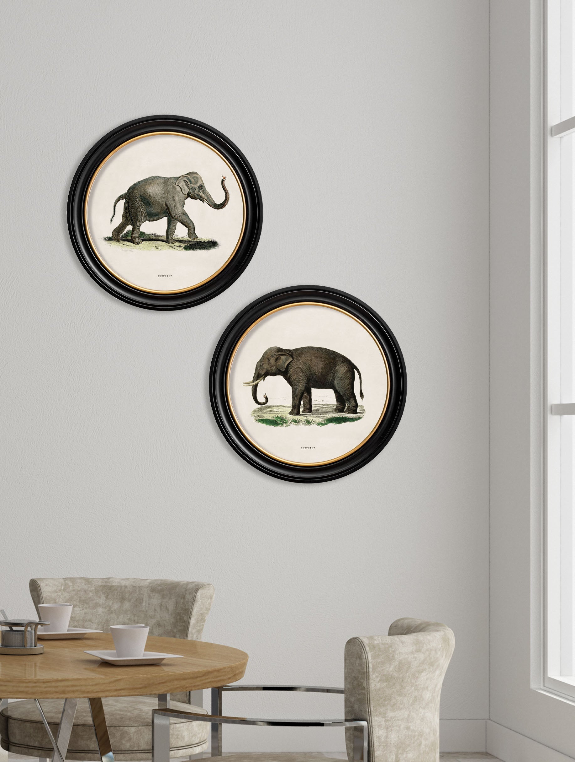 c.1846 Elephants in Round Frame – framed wall art at Leya Buster Interiors