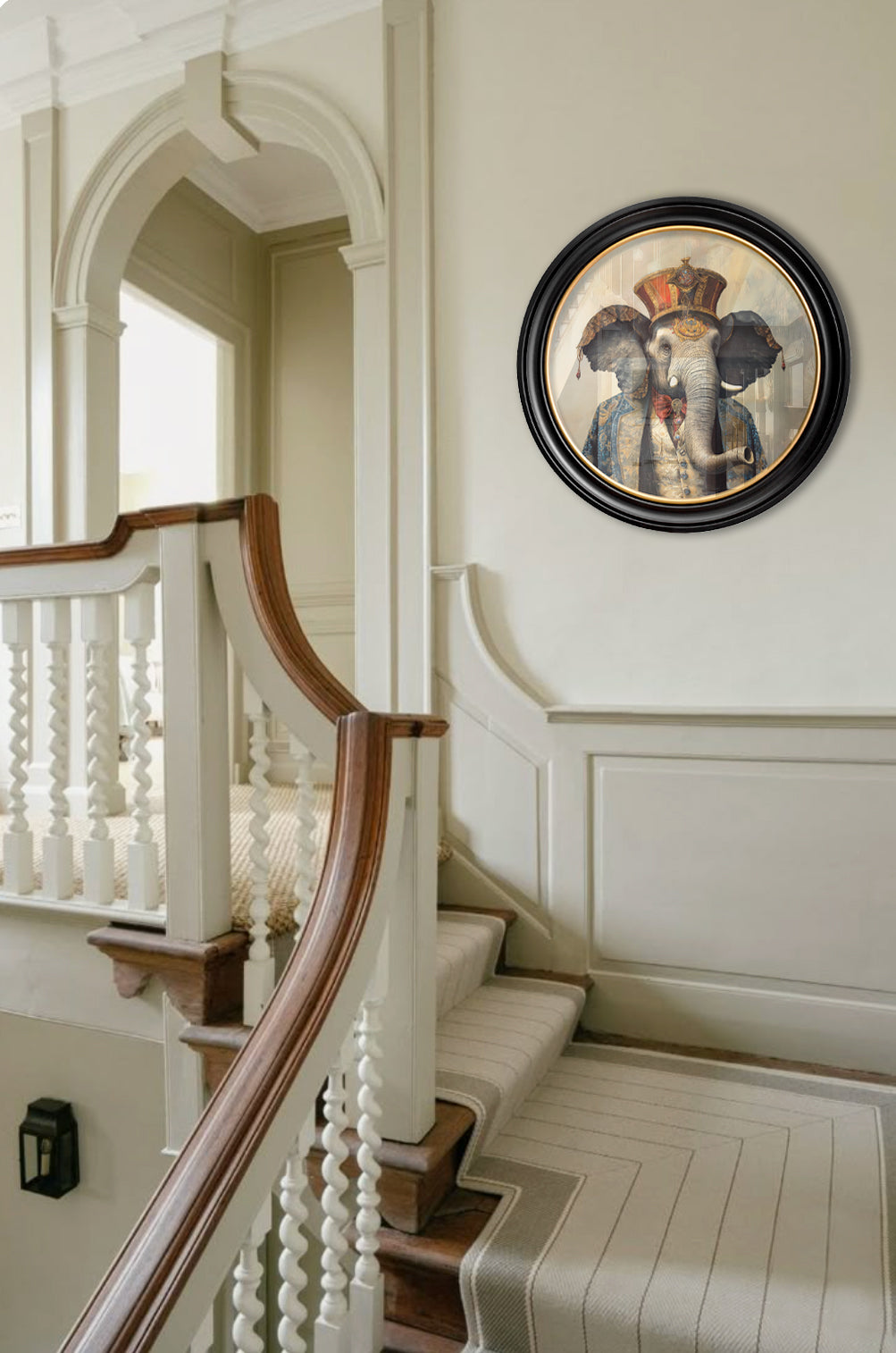 The Great Elephanto – Circus Elephant Oxford Round Frame – framed wall art at Leya Buster Interiors