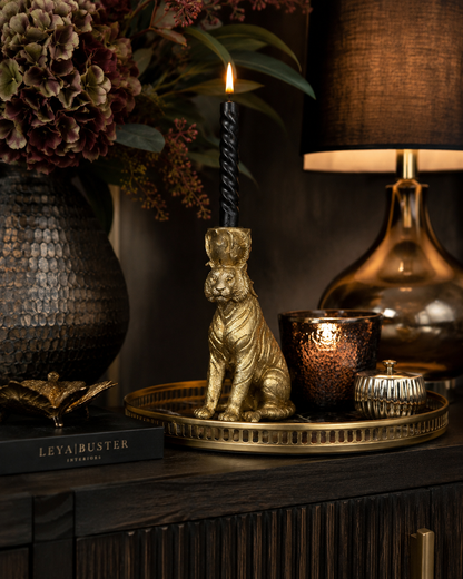 Gold resin tiger candle holder shown from an alternative angle.