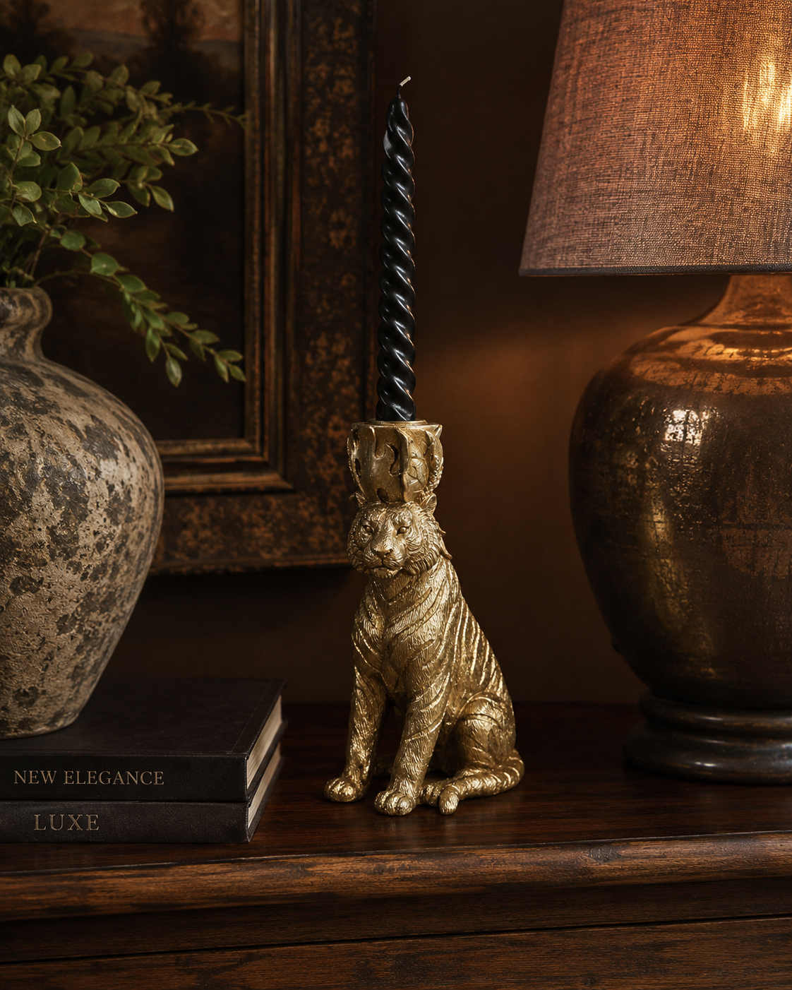 Gold tiger candle holder styled as a statement home accessory.