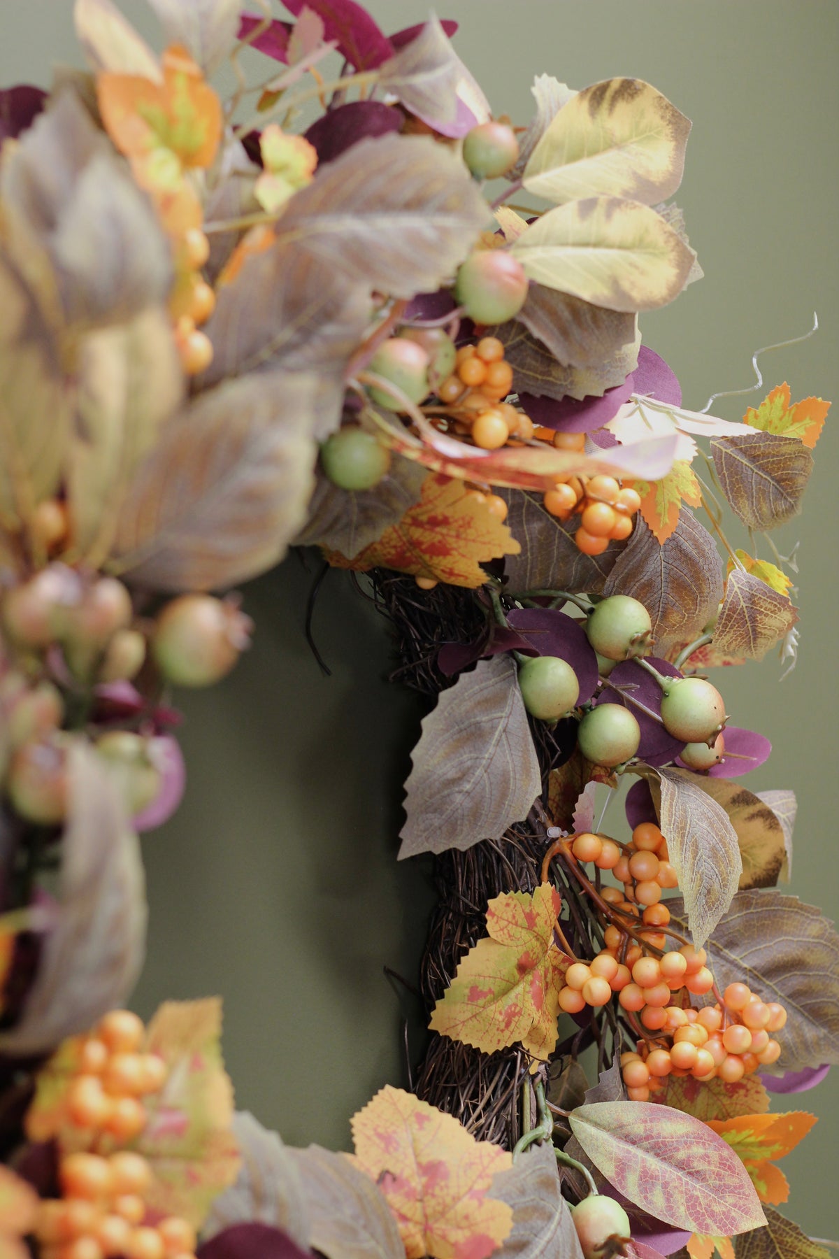 Harvest Woodland Wreath detail view of layered autumn foliage