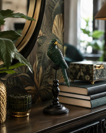 Large Tropical Parrot Tabletop Decoration on Perch – side table at Leya Buster Interiors