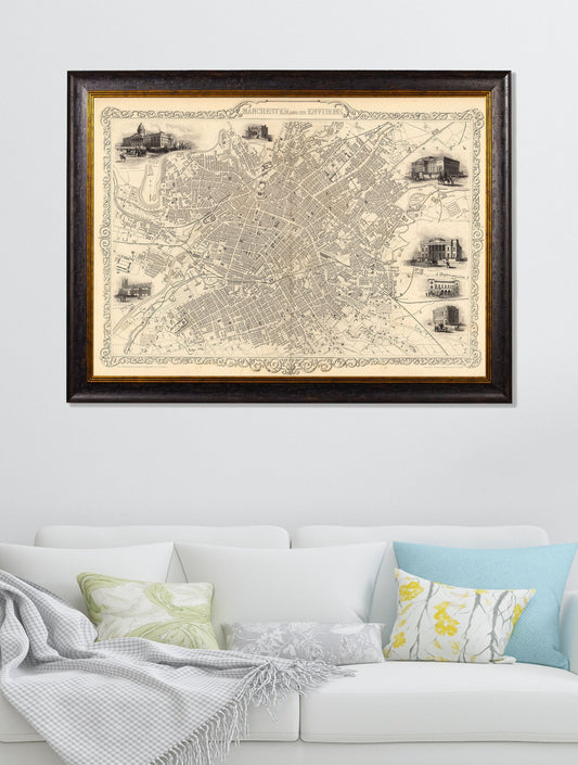 c.1851 Map of Manchester – framed wall art at Leya Buster Interiors